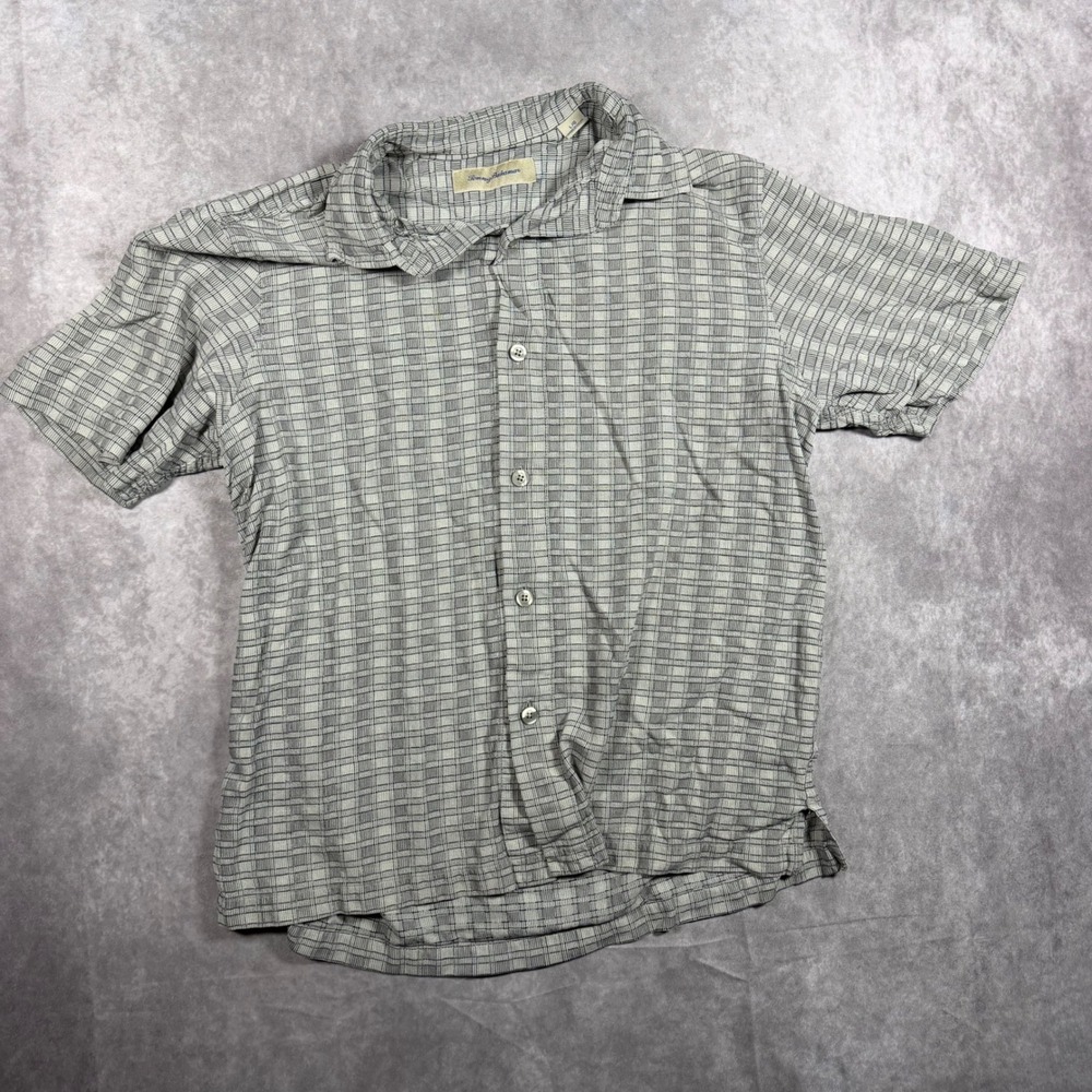 Tommy Bahama Mens L Grey Grid 100% Silk Button Down Shirt Resortwear Camp